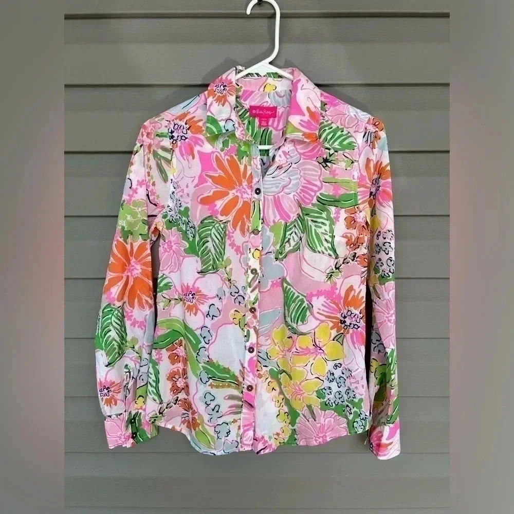 LILLY PULITZER Target Nosey Posey Floral Button Up Blouse Tab Sleeve Size XS
